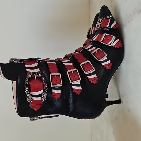 GUCCI: Black and Red Striped Buckle Ankle Boots - Picture 3 of 9